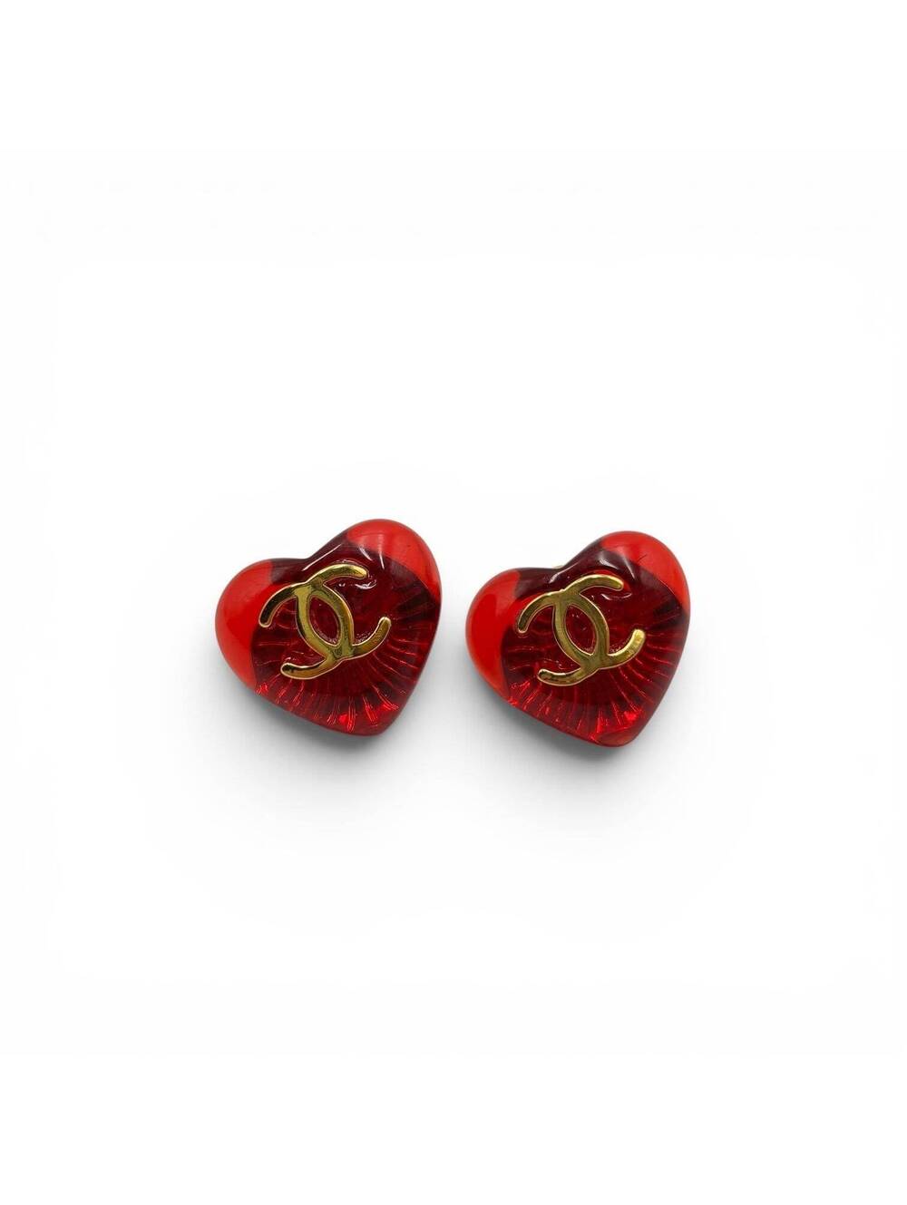 Chanel Vintage Red Resin Heart CC Stud Earrings Gold Tone